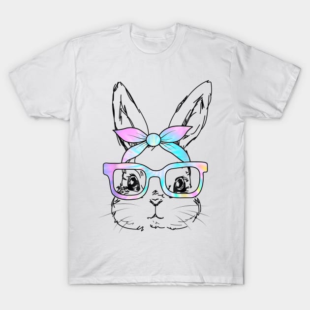 Cute Bunny Rabbit Face Tie Dye Glasses Girl Happy Easter Day T-Shirt by Jennifer Wirth